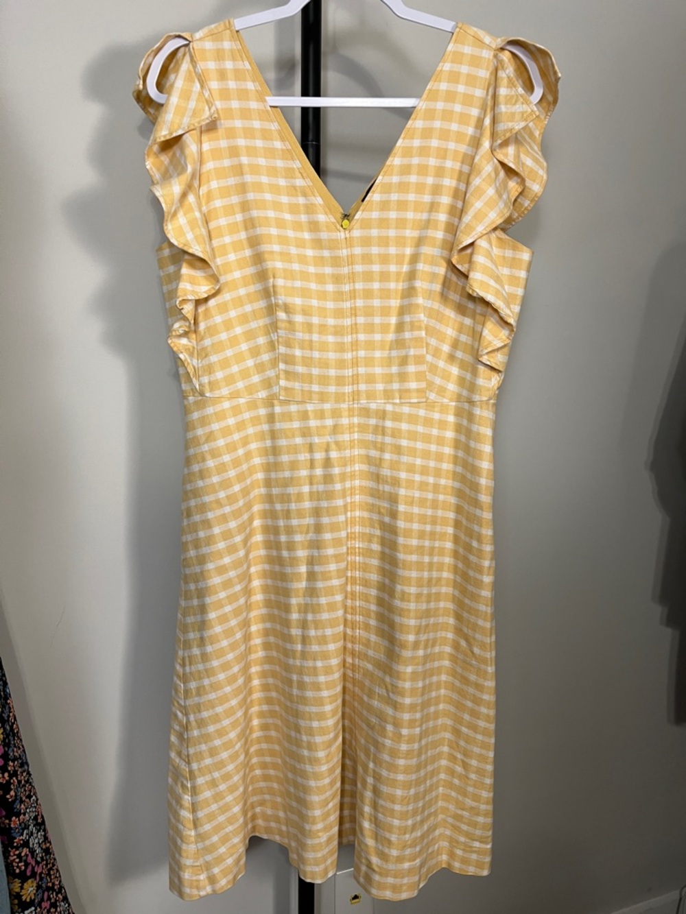 ANN TAYLOR Yellow Gingham Plaid Midi Dress Flutter Sleeve Pockets Medium